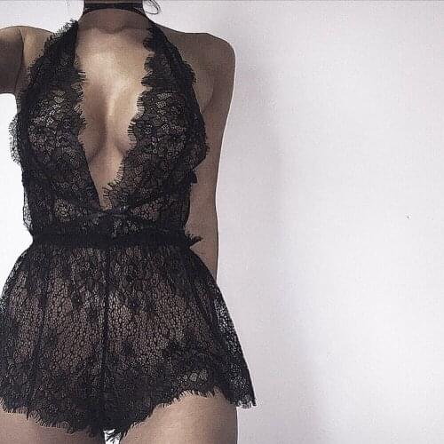 Sexy Women Chemises Black Lace Lingerie Bodydoll Nightwear Soft Backless Sleepwear Deep V-Neck Halter Exotic Apparel