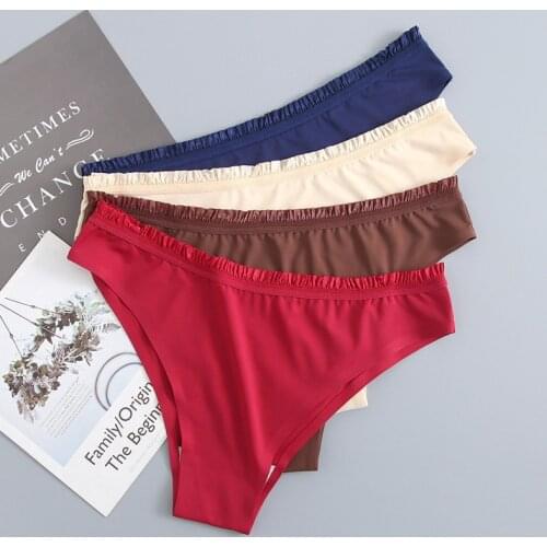 S-L Ladies Sexy Thong Thin Girls Ice Silk Panties Cotton Crotch Ruffled Low-waist Womens Brazilian Underwear