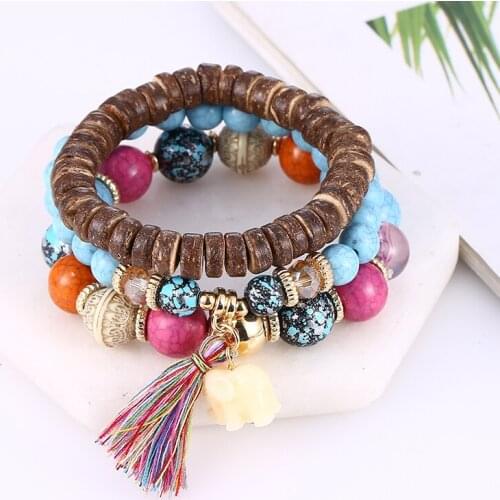 Vintage Tassel Multilayer Beads Bracelets Bohemian Elastic Resin Stone Crystal Bangles 3pcs/set Fashion Jewelry Gifts For Girls