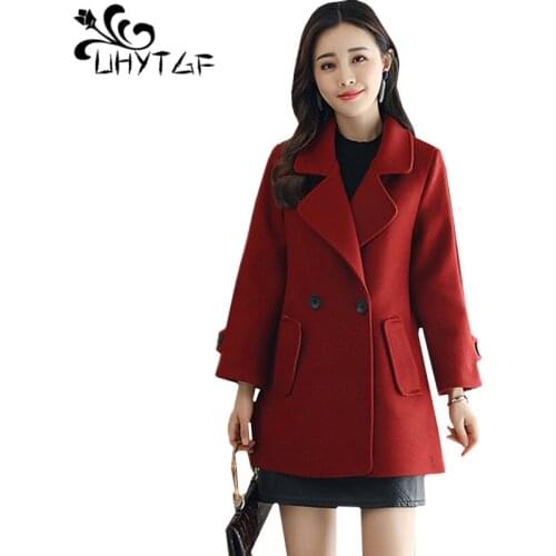 UHYTGF Autum winter Jacket Women 2019 New Fashion Short Wool Jacket Lapel Slim Elegant Female Plus Size outerwear 8 colour 156