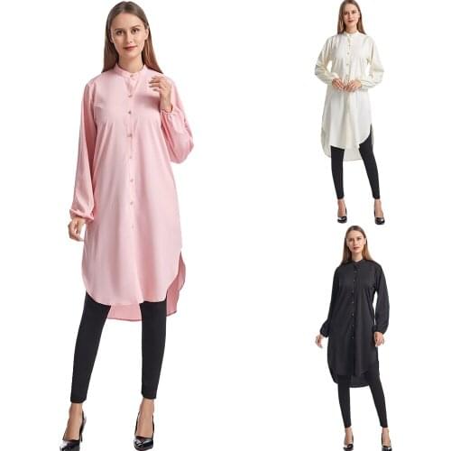 Plus Size Women Casual Long Blouse Long Sleeve Tops Solid Color Spring Fall Shirts High Low Tops Female Muslim Loose Fashion New