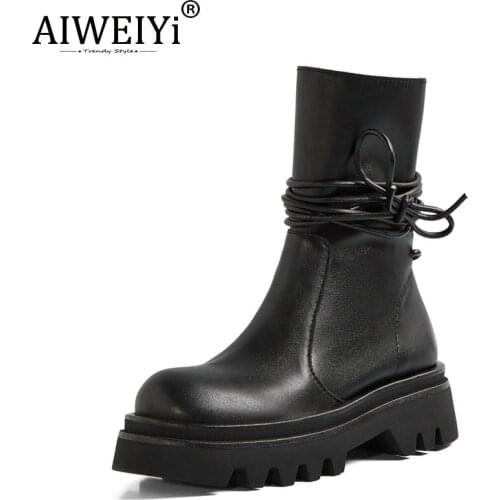AIWEIYi Genuine Leather Ankle Boots Women Fashion Bandage Thick Sole Woman Shoes Night Club Shoes Woman Botas Mujer