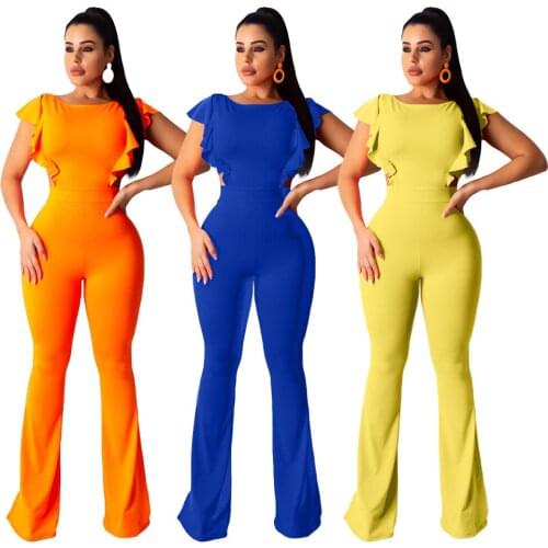 2021 Women Pants Jumpsuits Round Neck Slimming Waist Puff Sleeves Hollow Out Bodycon Straight Pants Sexy Lady Night Club Summer