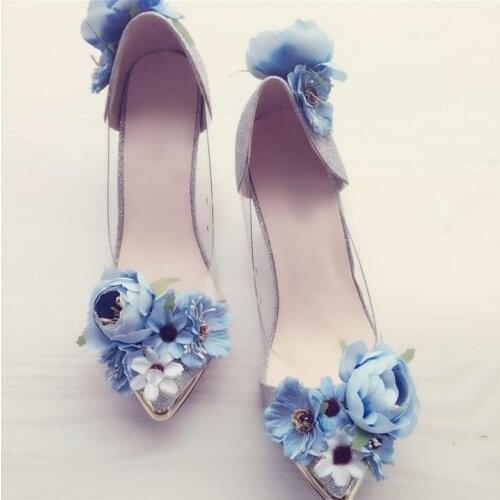 Sweet Blue Flower Decor Wedding Shoes Bride Pointed Toe String Bead Women Shoes High Heel Slip-on Ladies Pumps Real Photo
