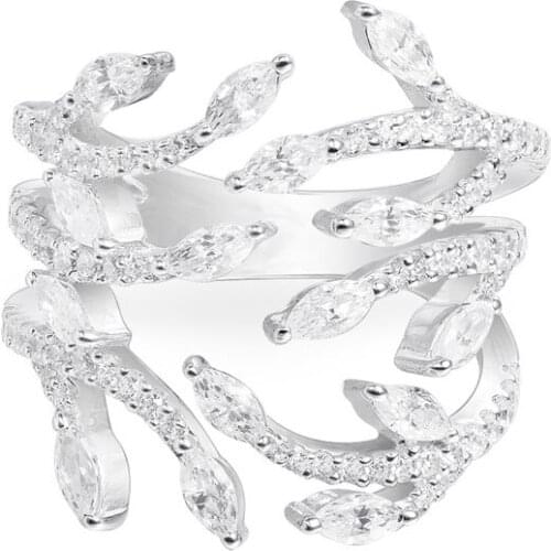 SLJELY Real 925 Sterling Silver Festival Leaf Open Ring Full Zircon Stones Tree Branch Rings Women Fine Fashion Party Jewelry