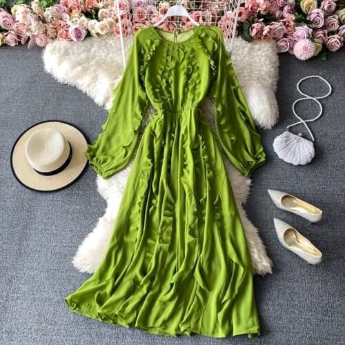 2021 Early Spring New Temperament Wood Ear Vestidos High Waist Slim Long Sleeve Round Neck Chiffon French Dress Women UK486