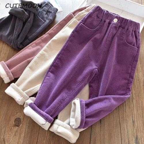 Winter Cotton Girl Plus Velvet Pants New 2021 Warm Thick Loose Casual Solid Color Leggings Comfort Sports Childrens Trousers