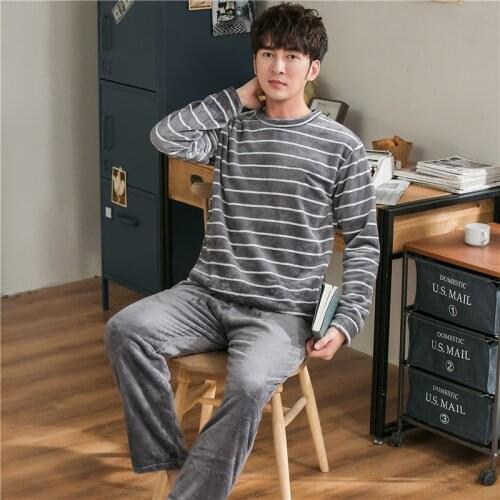 Coral Fleece Winter Pajamas Sets Plush Warm Mens Pyjamas Sleep Suit O-Neck Long Sleeve Top Pants Home Wear Lingerie Sleepwear