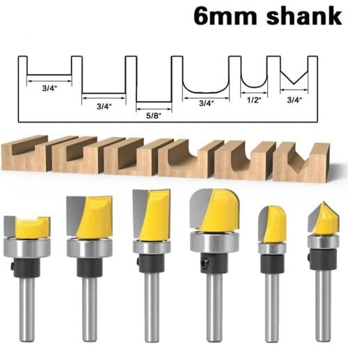1Pc/6Pc 6mm Shank Imitation Slotting knife Milling cutter with Bearing 90 Deg V-type Router straight cutter Round bottomed knife