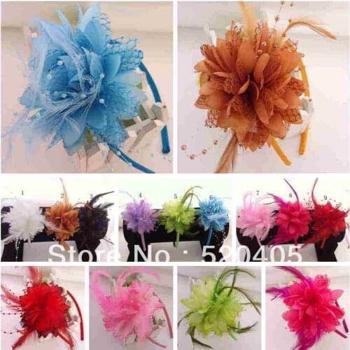 20 PCS Wholesale fashion Feather flower with pearls hair bands for girls Fabric Flower headband hair accessories