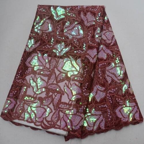 5yards/piece) wine color African tulle lace fabric shining sequins embroidered French net lace fabric for party dress FLP996