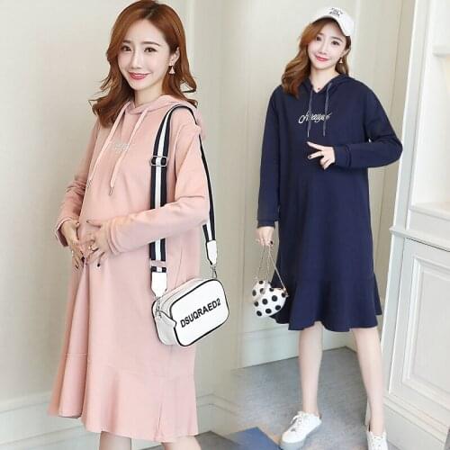 8060# Maternity Dress Spring Autumn Long Sleeve Hooded collar Loose Stylish Dress for Pregnant Women Mom Dress