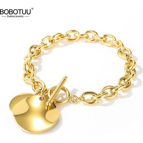 BOBOTUU Fashion Stainless Steel Love Circle Round Tag Charm Bracelets Bohemia Link & Chain Bracelet For Women Girls BB17095