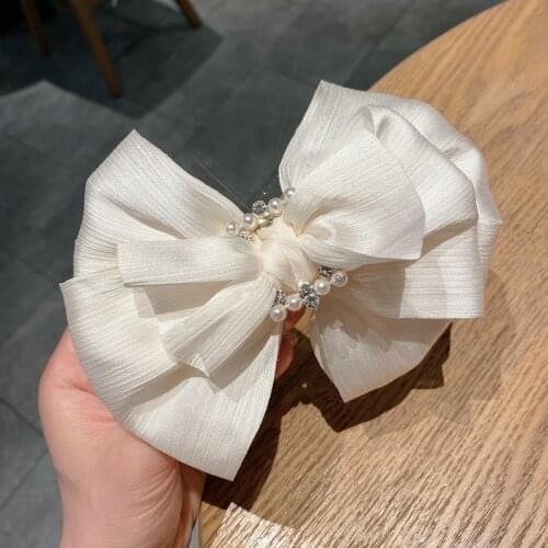 Elegant Bowknot Pearl Hairpin Fabric Yarn Bow Rhinestone Hair Clips for Girls Spring Clip Korean Hair Accessories Hair Barrette