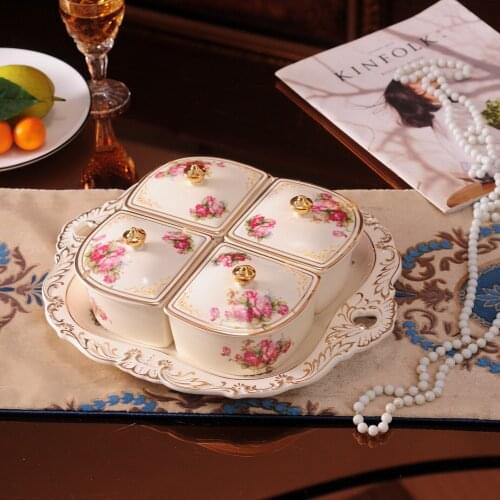 European style ceramic dry fruit tray divided fruit tray with cover nut melon seed tray candy dry fruit box living room fruit
