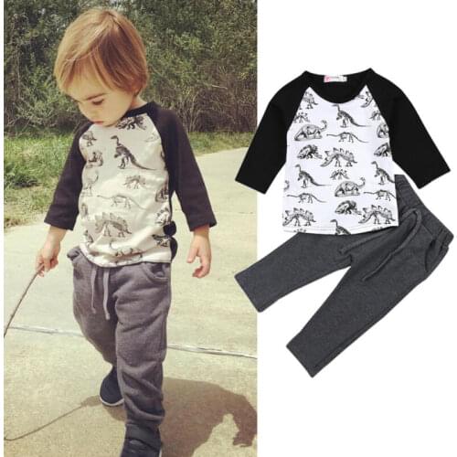 Toddler Kids Boy Dinosaur Print T-shirt Autumn Tops+Elastic Pants Outfits Clothes Spring Baby Boys Cotton Set 2-7Y