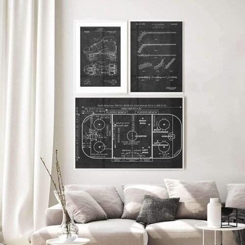 Hockey Stick Patent Poster Roller Skates Blueprint Vintage Black White Picture Wall Art Canvas Painting Print Ice Rink Decor