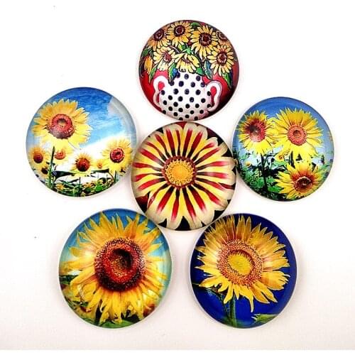 Jiangzimei 10pcs New Beauty sunflower 25mm Round photo Glass cabochons for female keychain necklace jewelry making