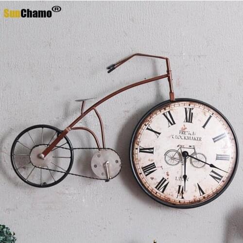 American Retro Industry Creative 3D Metal Bike Hanging Wall Alarm Clock Iron Bicycle Decorative Craft Clocks Home Detor