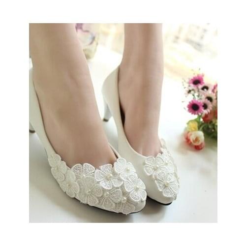 Lace flower wedding shoes sweet handmade fashion female wedding shoes white round toes brides pumps shoes