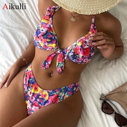 Flower Print Bikinis Swimsuit Women Sexy Halter Knotted Floral Swimwear 2021 Summer New Beach Wear Bikini Set Bathing Suits Swim