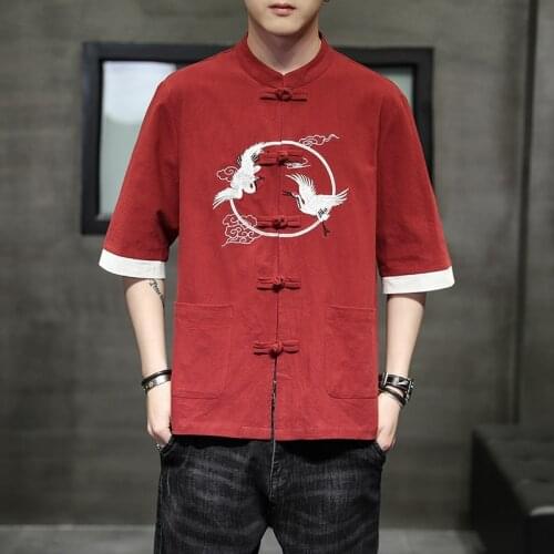 Summer Crane Embroidery Top Traditional Chinese Clothing For Men Vintage Shirts Madarin Collar Tang Suit Kung Fu Clothes KK3599