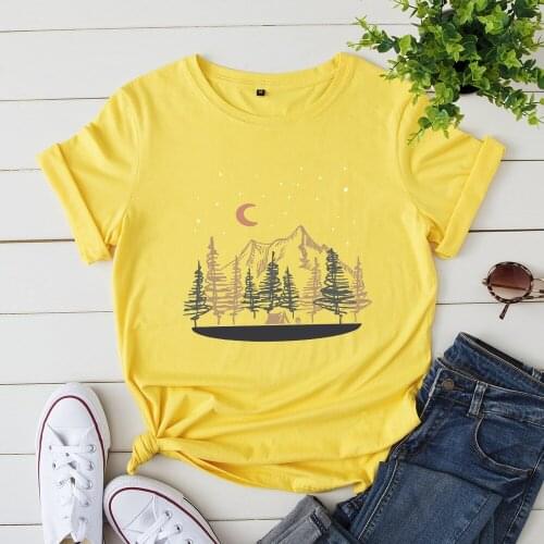 Summer womens loose o neck mountain print short-sleeved t-shirt women