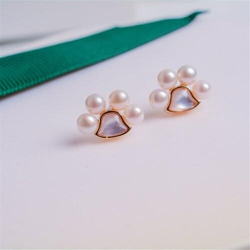 Cute Female Pearl Stud Earrings 14K Gold Filled Silver 925 Wedding Jewelry Small Dog Cat Paw Claw Earrings For Women