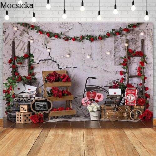 Mocsick Valentines Newsboy Stand Photography Backdrops Bicycle Newspaper Rose Flower Decor Photo Props Studio Booth Background