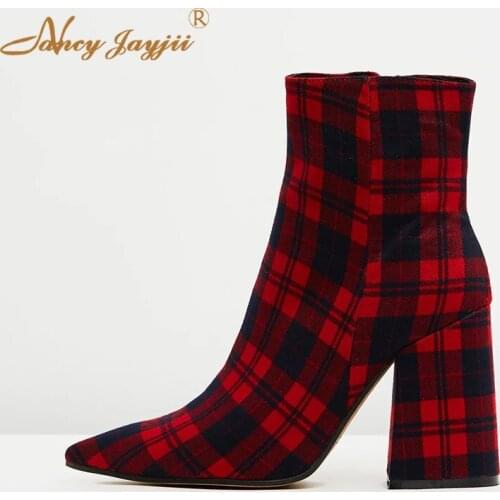 Women Adult Boots Ladies Shoes Canvas Ankle zipper Pointed Toe Super High Square heels Sexy Mature Concise Nancyjayjii 2019
