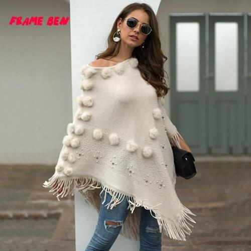 FRAME BEN 2019 Autumn and Winter New Womens Loose Shawl Tassel Cloak Hair Ball Beaded Round Neck Sweater for Women