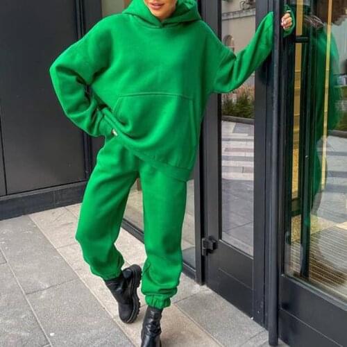 Autumn Winter Womens Suit Solid Long Sleeve O-Neck Hoodie Casual Suit Streetwear Fashion Two Piece Set Loose Trousers Pockets