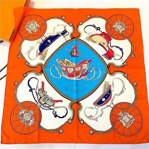 90cm Square Scarf Foulard Bandana Brand Hijab Scarf Women Twill Silk Shawl Handmade Curled New Design Carriage Head Scarf