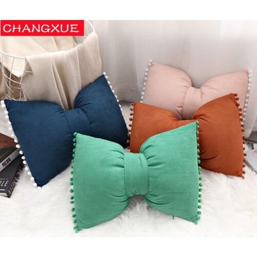 Bowknot pillow Solid Color Soft Velvet Cushion with Pompom Ball Yellow Blue Pillows for Bed Sofa Home Decor Throw Pillow 35x50cm