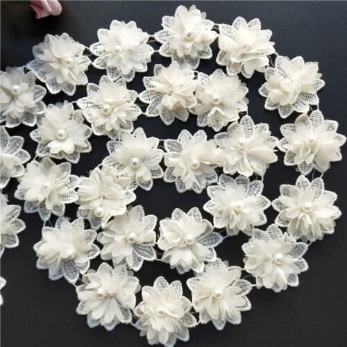 50X Apricot Pearl Flower Chiffon Embroidered Lace Trim Ribbon Fabric Handmade DIY Sewing Craft For Costume Hat Decoration