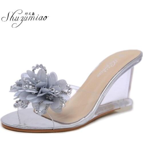 SHUZUMIAO Woman Slippers Flower Crystal Heel Gladiator Outside Slides Women Wedge High Heels Open Toe Comfortable Shoes 2021