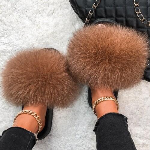 ETHEL ANERSON 2019 Newest Slippers Real FOX/Raccoon Fur Slides Indoor Flip Flops Casual High Quality Sandals Fluffy Plush Shoes