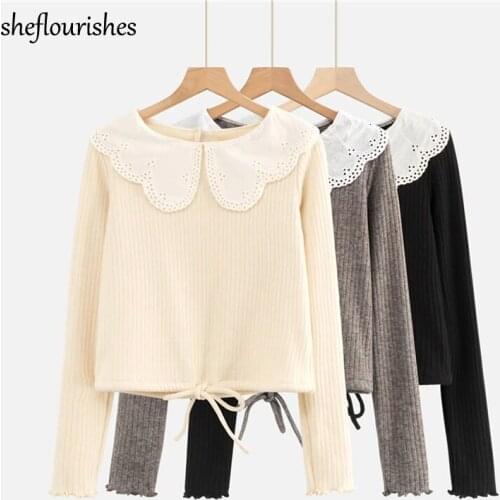 Kawaii sweater women fall sweater vintage long sleeve pullover knitted lace up top black beige cropped sweater peter pan collar