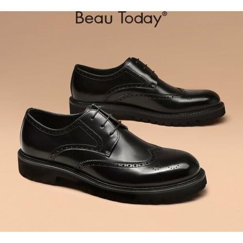 BeauToday Brogue Shoes Men Genuine Cow Leather Wingtip Round Toe Gentlemen Business Wedding Shoes Autumn Handmade 55505