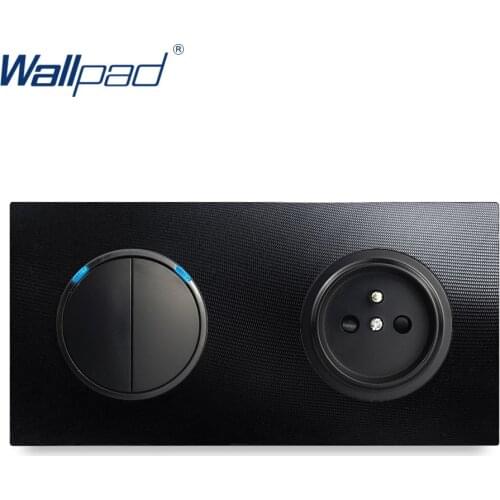 Wallpad 2 Gang 2 Way Switch With EU French Socket Wall Light Switch With LED Indicator Aluminum Metal Panel