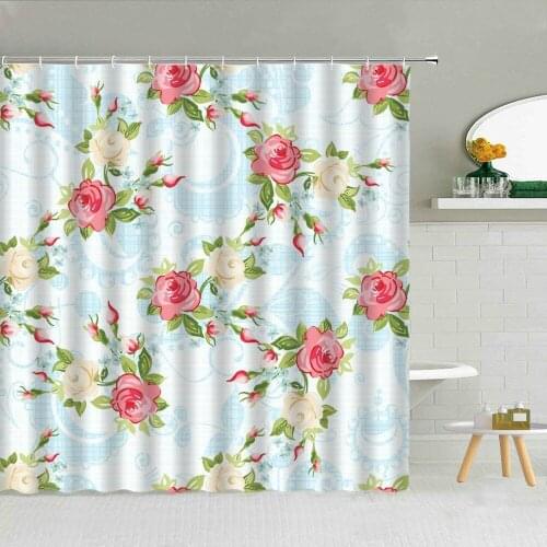 Floral Shower Curtain Red Rose Peony Green Leaves Printing Bathroom Curtains Spring Beautiful Flower Pattern Bathroom Decoration