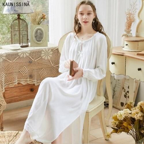 Cotton Sleepwear Long Sleeve Nightdress Women Spring Autumn Retro Princess Loose Maxi Lingerie Dress White Sleepshirts