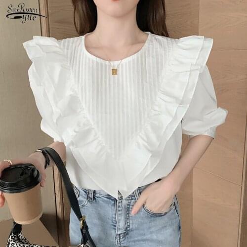Fashion White Blouse Sweet Female Retro Cotton Shirt Palace Style Slimming Ruffled O-neck Solid Puff Sleeve Womens Shirt 14062