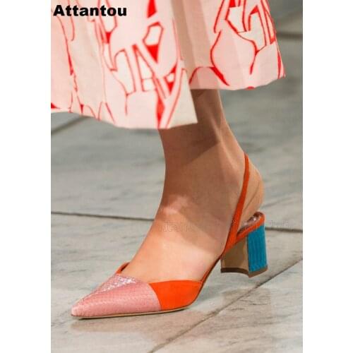 Candy mixed color woman block heeled sandals high heel shoes buckle pink pointed toe thick heel sling back female party sho