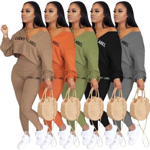 1L190 Autumn Winter Women Casual Fashion Letter Print Long Sleeve Two Piece Set Top and Pants Tracksuit Sweatsuit Outfits Hot