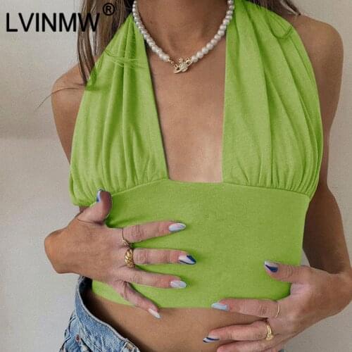 LVINMW Hit Color Hollow Out Chic Casual Slim Tops Women Cross Bandage Folds Patchwork Backless Crop Top Halter Sleeveless Tank