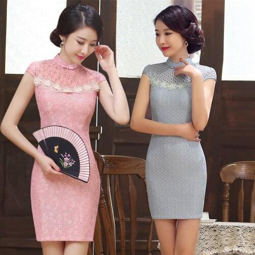 Blue Pink Women Elegance Lace Chinese Traditional Dress Short Slim Lady Cheongsam Vintage Chinese Style Qipao Dress for Carnival