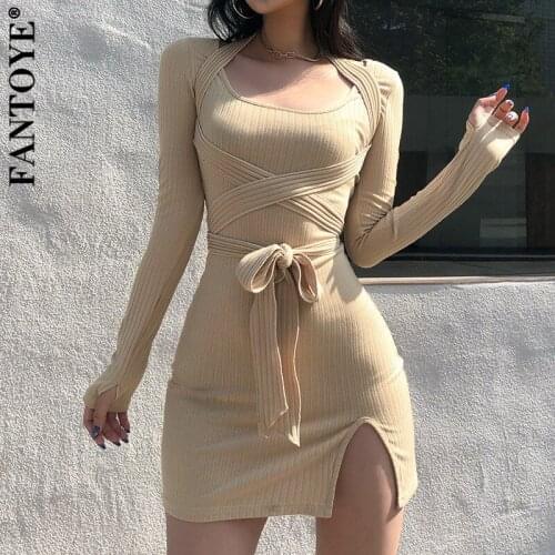 Fantoye Halter Bandage Knitted Mini Dress Women Khaki Split Long Sleeve Women Dress Spring Skinny Party Clubwear Vestidos 2021