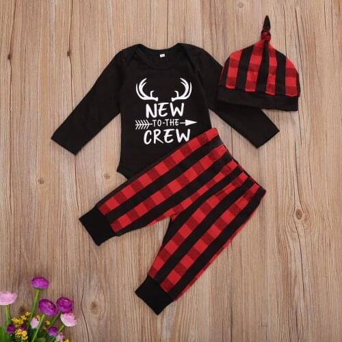 Pudcoco Newborn Baby Clothes Christmas Set Cute Letter Print Romper Tops Plaid Long Pants Hat 3Pcs Clothes Christmas Outfits Set