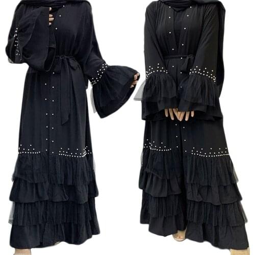 Abaya Beading Muslim Mesh Lace Patchwork Women Long Dress Flare Sleeve Party Evening Open Kimono Ruffle Arab Kaftan Robe